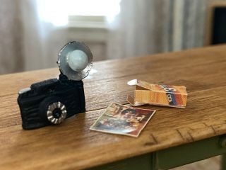 Vintage Miniature Dollhouse Artisan Flash Bulb Camera Photograph & Film Group