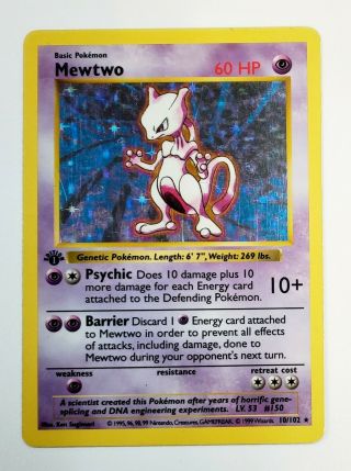 1999 Pokemon 1st Edition Base Set Shadowless Holo Mewtwo 10/102 Thick Stamp Pl