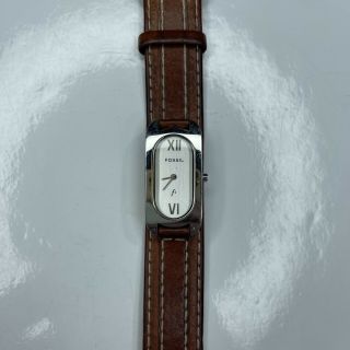 E Fossil F2 Ladies Es9626 Silver Brown Leather Stainless Vtg Retro