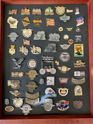 Rare Vintage Harley - Davidson Collectible Pins 60 In Wood - Glass Wall Mount Case