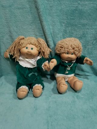 Vintage 1985 Cabbage Patch Kids Twins Boy Girl Green Velvet Blonde Green Eyes P