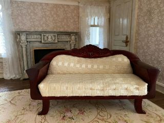 Vintage Miniature Dollhouse 1:12 Upholstered Cherry Wood Sofa Couch Ivory Fabric