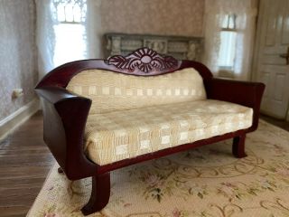 Vintage Miniature Dollhouse 1:12 Upholstered Cherry Wood Sofa Couch Ivory Fabric 2