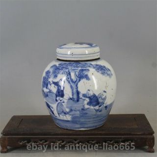 Chinese Blue White Porcelain Ancient Figure Children Boy Tea Canister Pot Kettle