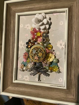 Vintage Jewelry Artwork Framed 5x7 Christmas Tree Pink Green Yellow Decoration