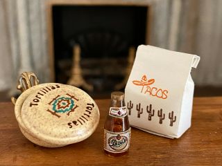 Vintage Miniature Dollhouse Artisan Mexican Beer,  Bag Of Tacos,  Tortilla Warmer
