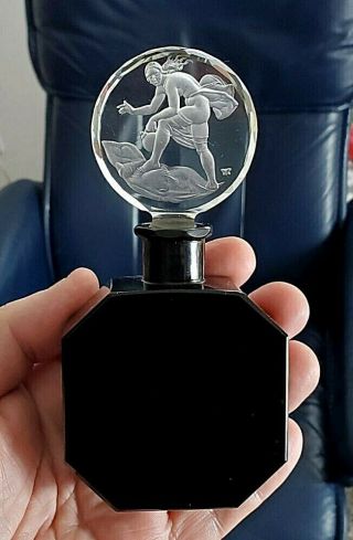 Rare Czech Hoffman Art Deco Perfume Bottle Black & Nude Intaglio Stopper