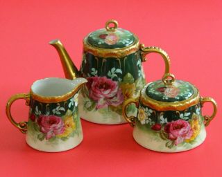 Antique Limoges France Teapot Set Pink/yellow Roses Hand Enamel Heavy Gold Rare