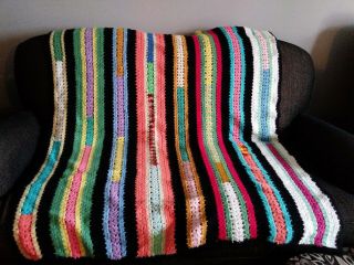 Vintage Hand Crocheted Afghan Throw Blanket 54 " X 44 " Multicolor Striped