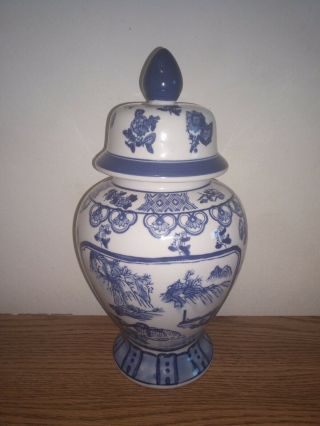 19th Century Hand Painted Porcelain Blue And White Temple Urn/vase W/lid