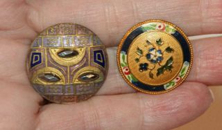 2 Unusual Exquisite Antique French Champlevé Enamel Buttons Cut Steel Gilt A,