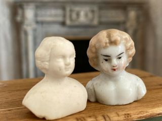 Antique Miniature Dollhouse Pair Elegant Porcelain Bisque Doll Heads Displays
