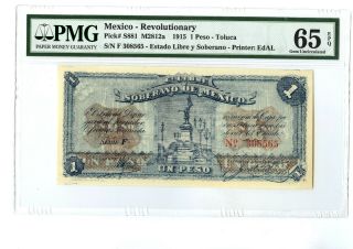 1915 Mexico Revolutionary 1 Peso Pmg 65 Epq Banknote Pick S881 M2812a Rare