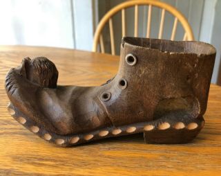 Well Made Black Forest Wood Carving Of A Worn Boot Or Shoe With Mouse - Treen