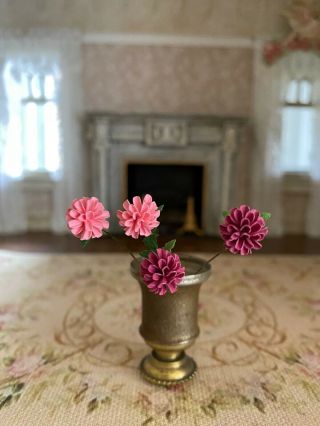 Vintage Miniature Dollhouse 1:12 Artisan Made Pink Zinnias Flowers Garden Decor