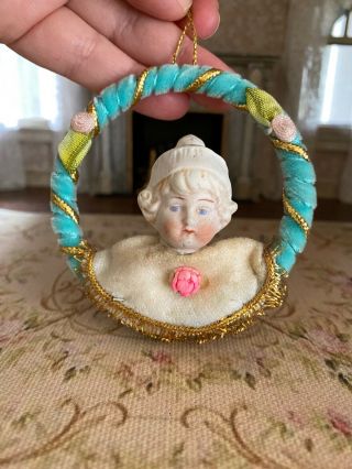 Antique German Christmas Tree Ornament Old Doll Head Velvet Floral Ring Wreath