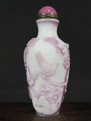 Chinese Plum Blossom Bird Carved Peking Overlay Glass Snuff Bottle