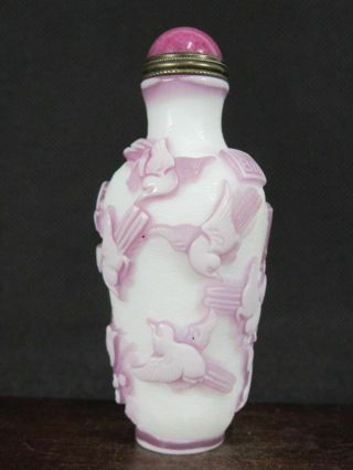 Chinese Plum Blossom Bird Carved Peking Overlay Glass Snuff Bottle 3