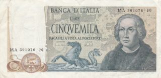 5000 Lire Very Fine Banknote From Italy 1973 Pick - 102 Rare