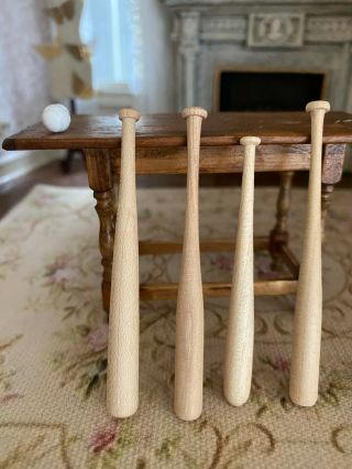 Vintage Miniature Dollhouse 1:12 Set 4 Hand Carved Wood Baseball Bats & Ball