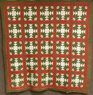 Christmas Perfect C 1890 Pa Rare Oak Leaf Postage Stamp Quilt Red Green