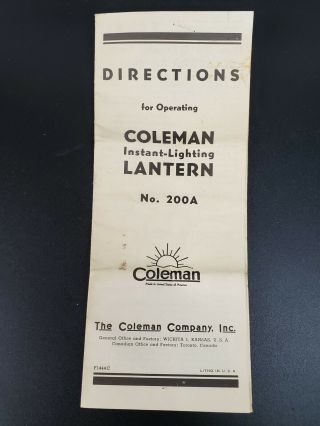 Rare Vintage Coleman Lantern 200a Illustrated Parts List Directions Brochure