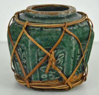 Antique Chinese Ginger Jar 3 Qing Dynasty Green W/ Split Bamboo Wrap