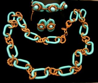 Rare Vintage Signed Miriam Haskell Goldtone Turquoise Large Link 3 Piece Set A33