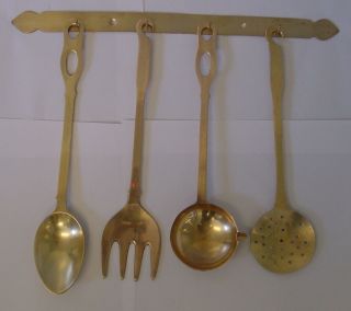 Set Of 4 Antique French Full Brass Utensils,  Rack
