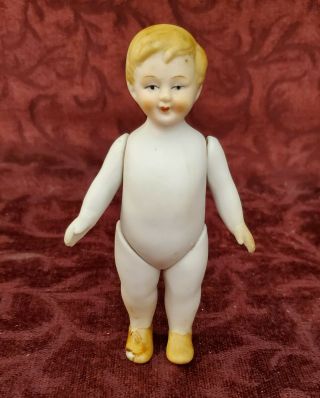 Antique/vintage Japan All Bisque Strung Boy Doll 4 1/2 " Molded Painted Features