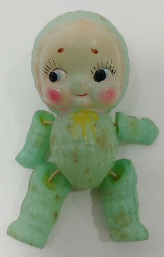 Vtg Celluloid Strung Limbs Kewpie Doll Brown Eyes Occ Japan Snow Baby Green