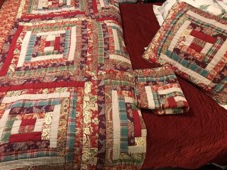 Rare Pottery Barn Christmas Log Cabin Patchwork/plaid Queen Quilt Set