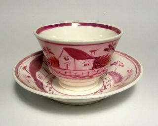 Antique Pink Luster Cup & Saucer - Hand Painted Staffordshire,  Circa 1830