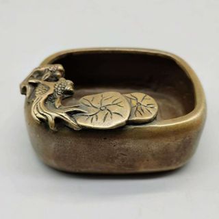 4.  2 " Collect China Qing Dynasty Bronze Goldfish Lotus Leaf Writing - Brush Washer