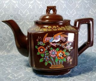 Vintage Porcelain Japanese Teapot Brown With Hand Painted Flowers & Gold Accents