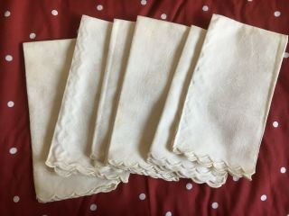 6 Large Vintage White Linen Damask Table Napkins