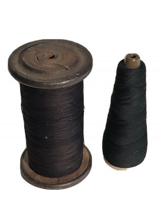 7” Antique Industrial Black Thread Spools: 1 Wood & 1 Clark’s Cone