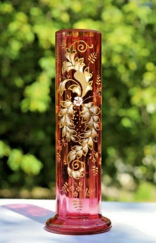 Antique Victorian Era Cranberry Glass Vase W/ Hand Painted Enamel Decoration