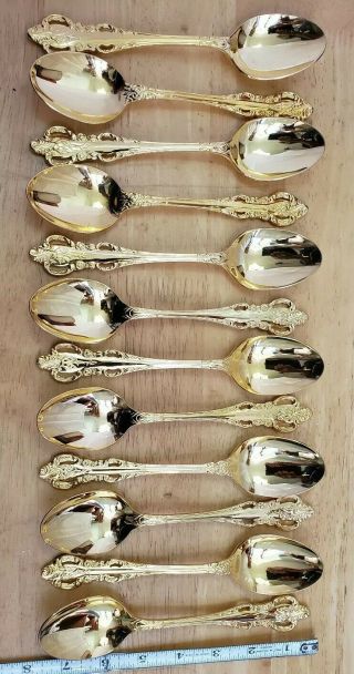 Set Of 12 Ornate Gold Plated Place / Oval Soup Spoons