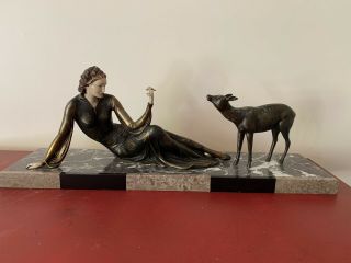 Antique Fine Art Deco Mixed Media Bronze Statue Of Woman And Deer Rare 1 Ofakind