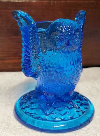 Rare Westmoreland Glass Laser Blue Flying Owl Art Deco Toothpick Holder