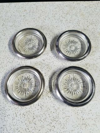 Set Of 4 Vintage Glass Coasters With Silver Plate Rims By Leonard