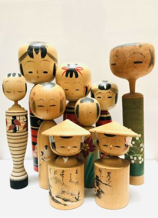 Kokeshi Japanese Doll Vintage Antique Japan 9 Set Wood H22 Traditional