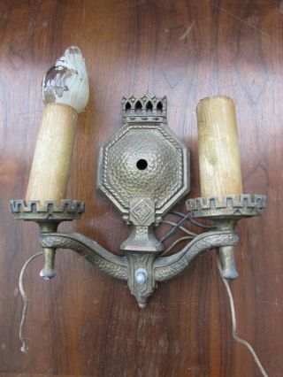 Halcolite Brass 2 Arm Gothic Tudor Spanish Revival Wall Sconce Antique Hammered