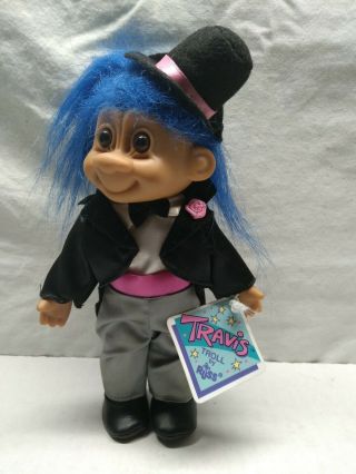 Vintage Russ Troll Doll Travis Blue Hair 8 Inch Groom Tuxedo Top Hat