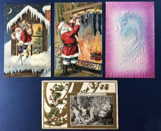 4 Santa Christmas Antique Postcards.  Publ: Illustrated.  1 Air Brushed.  Value