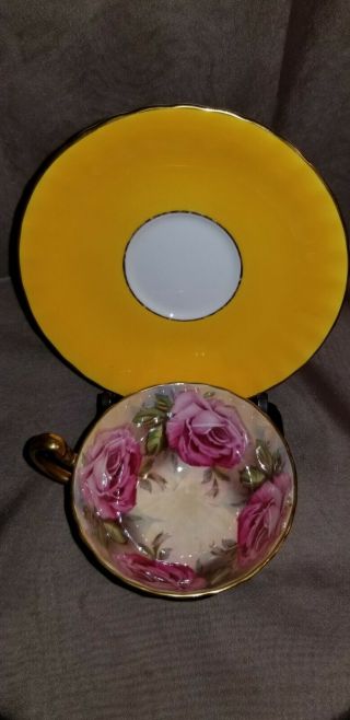 Rare Aynsley Tea Cup & Saucer Large Pink Cabbage Rose Yellow England