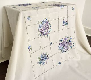 Vintage Large Hand Embroidered Linen Tablecloth Bouquets Of Flowers Blue Ribbons