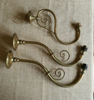 3 X Vintage Old Brass Scroll Long Arm Wall Lights Brackets