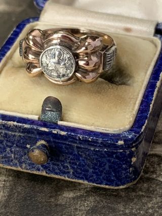 Victorian 15ct Rose Gold Ring,  Rare Silver St Christopher Inset Uk K - L